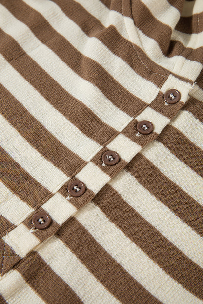 Chic brown striped plus size hoodie with quarter buttons and drop sleeves