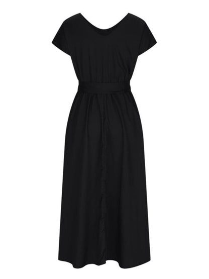 Ruched V-Neck Cap Sleeve Dress.