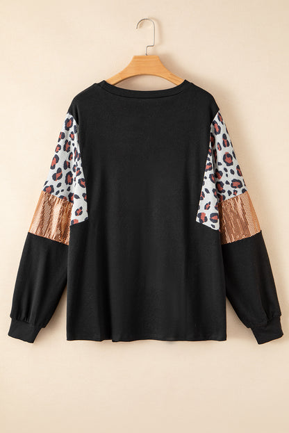 Leopard print sequin accent plus size long sleeve pullover