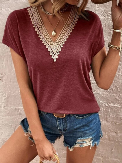 Full Size Lace Detail V-Neck Short Sleeve T-Shirt.