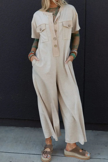 Pocket Front Short Sleeve Wide Leg Jumpsuit