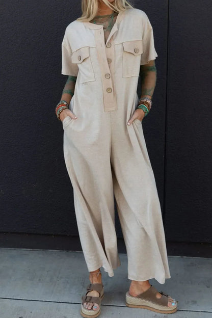 Pocket Front Short Sleeve Wide Leg Jumpsuit