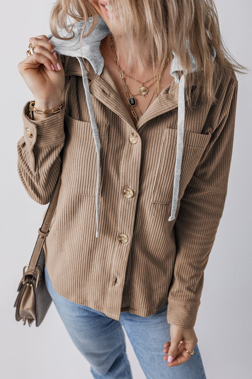 Drawstring Button Up Long Sleeve Hooded Jacket.