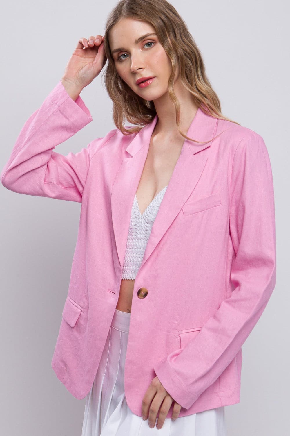 Love Tree One-Button Long Sleeve Linen Blazer.