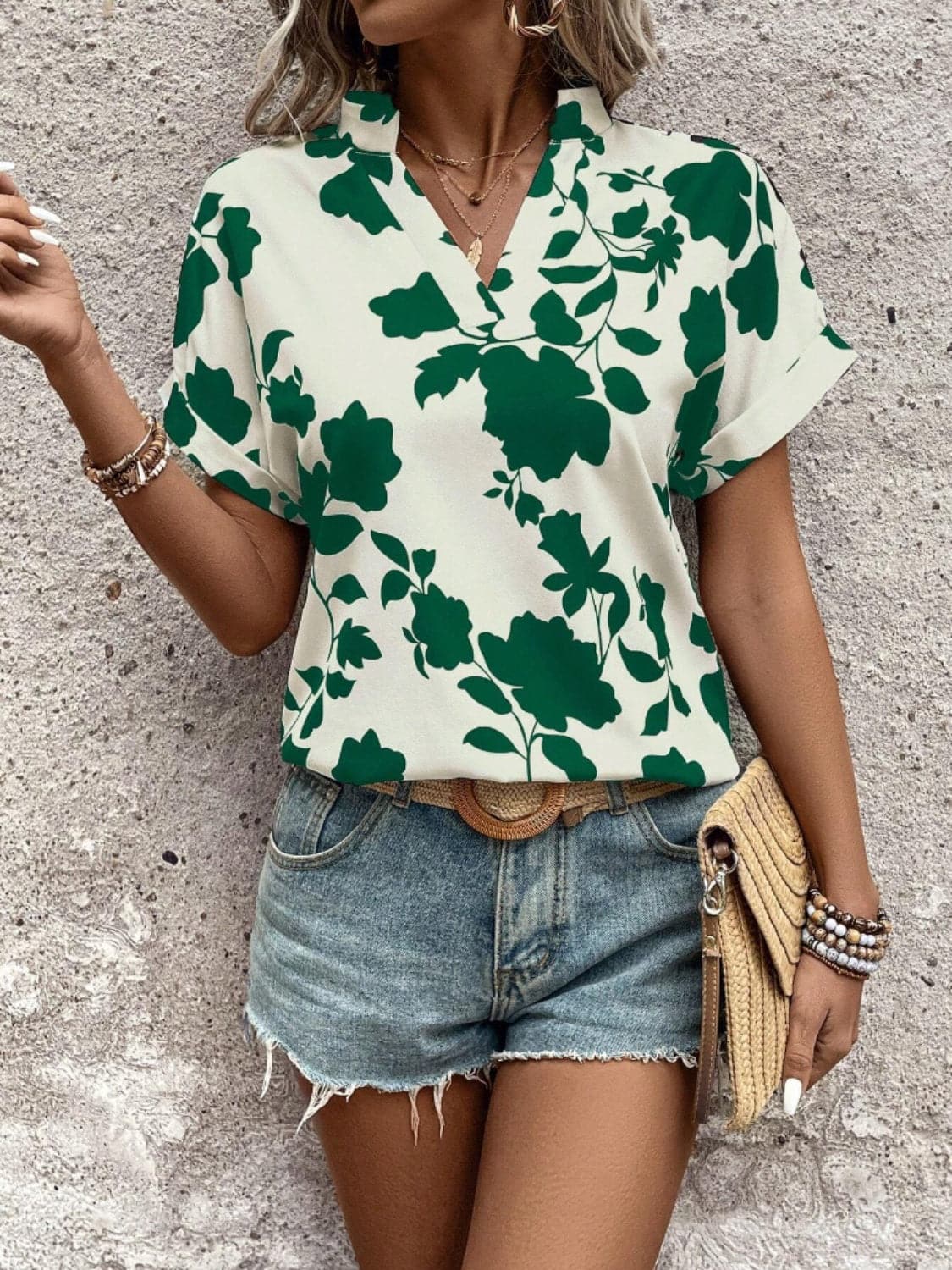 Flower Notched Short Sleeve Blouse.