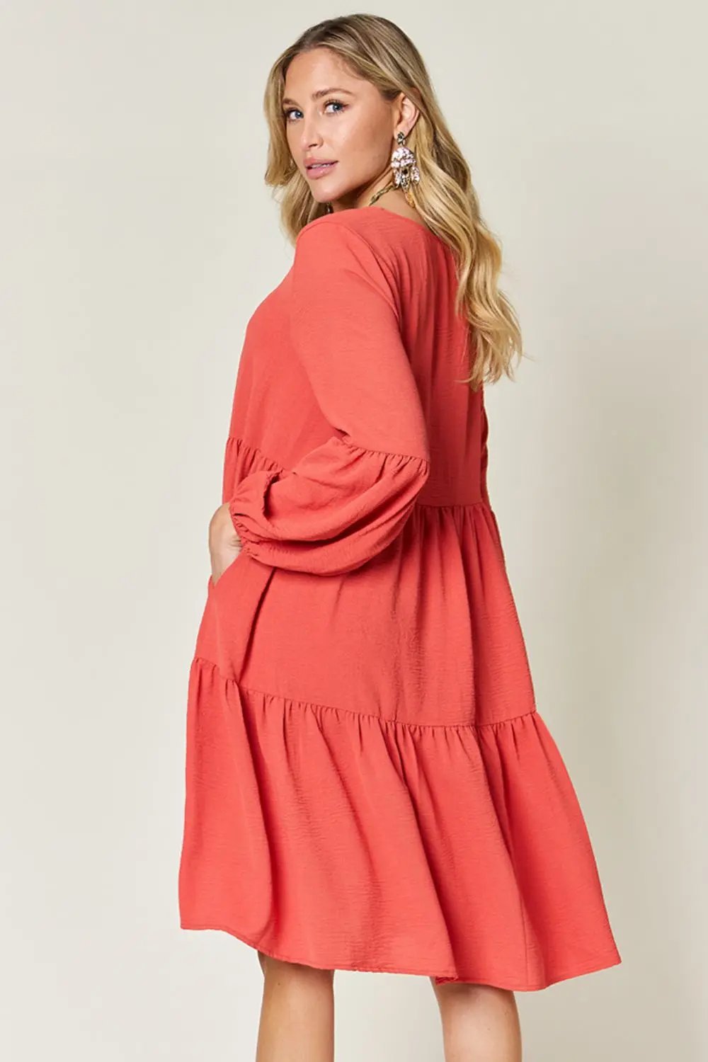 Double Take Full Size V-Neck Balloon Sleeve Tiered Dress - Love Salve