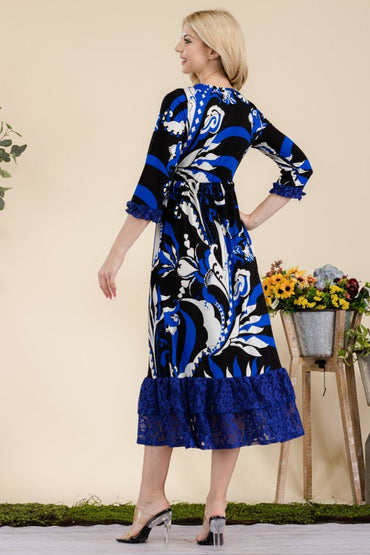 Celeste paisley print midi dress with lace ruffles and pockets