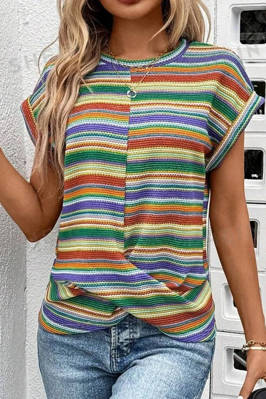 Multicolour Striped Twist Hem Cap Sleeve Top Simply Love