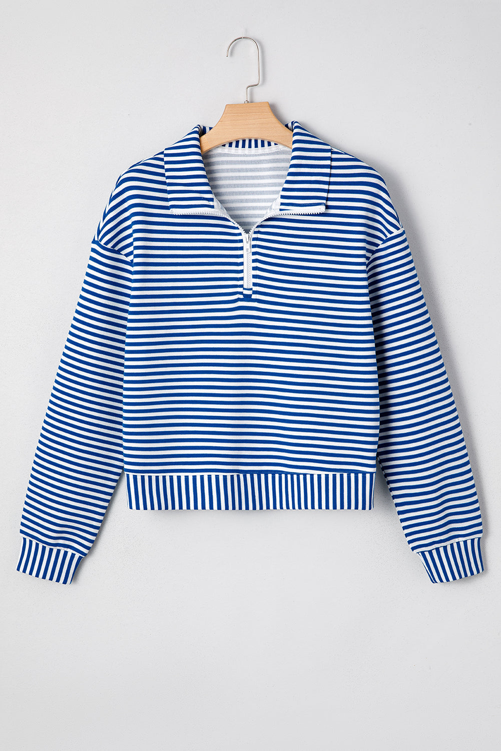 Premium Blue Stripe Quarter Zip Collar Pullover Long Sleeve Top