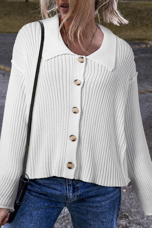 Elegant White Collared Casual Button-Up Sweater with Loose Fit