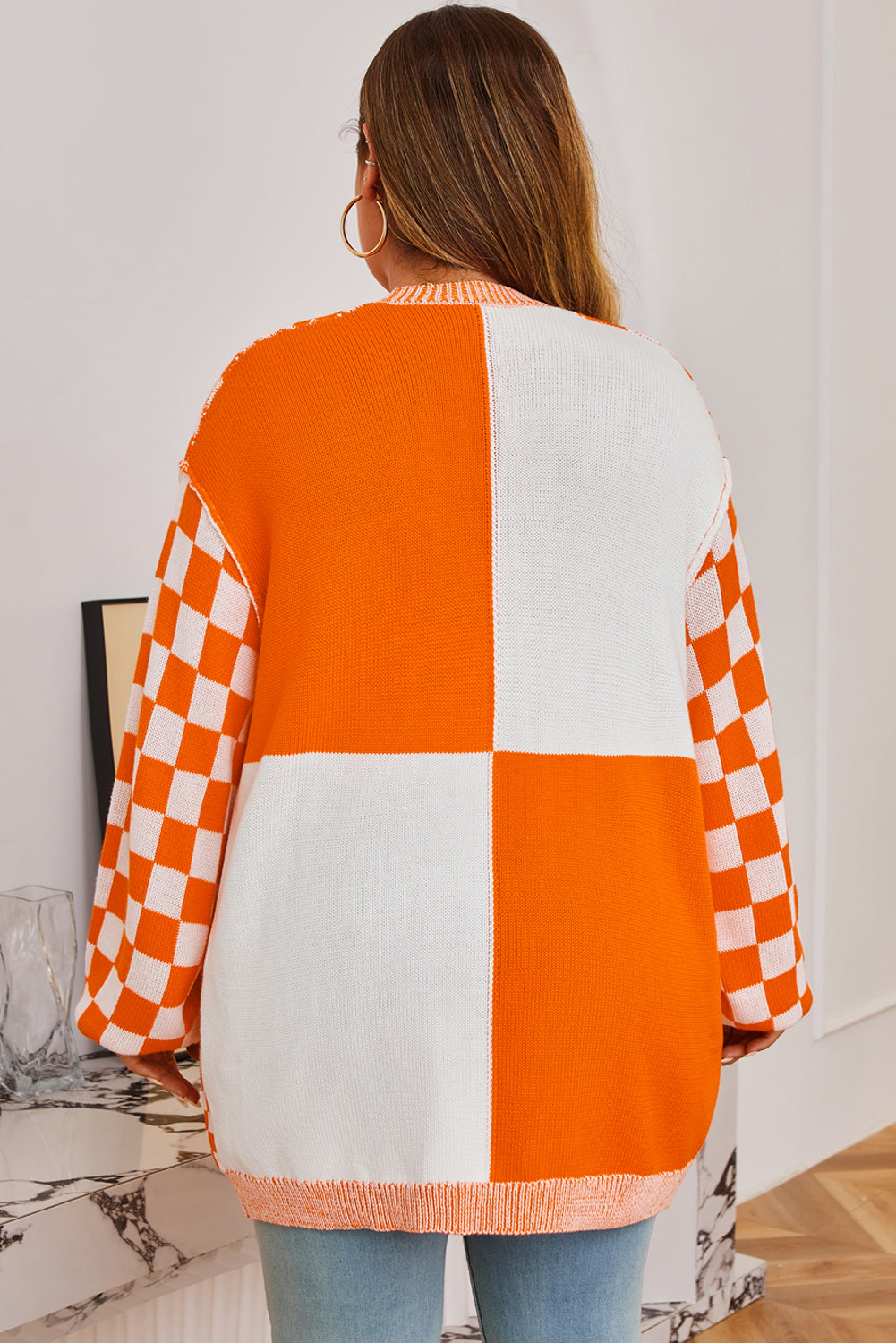 Orange Checkered Bubble Sleeve Drop Shoulder Open Cardigan Dear-Lover Dropshipping