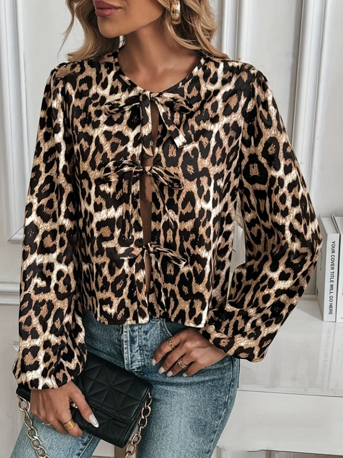 Leopard Print Tied Long Sleeve Round Neck Blouse