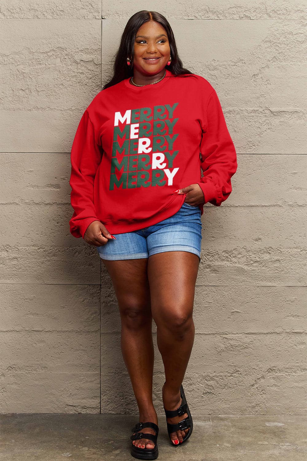 Simply Love Full Size MERRY Long Sleeve Sweatshirt.