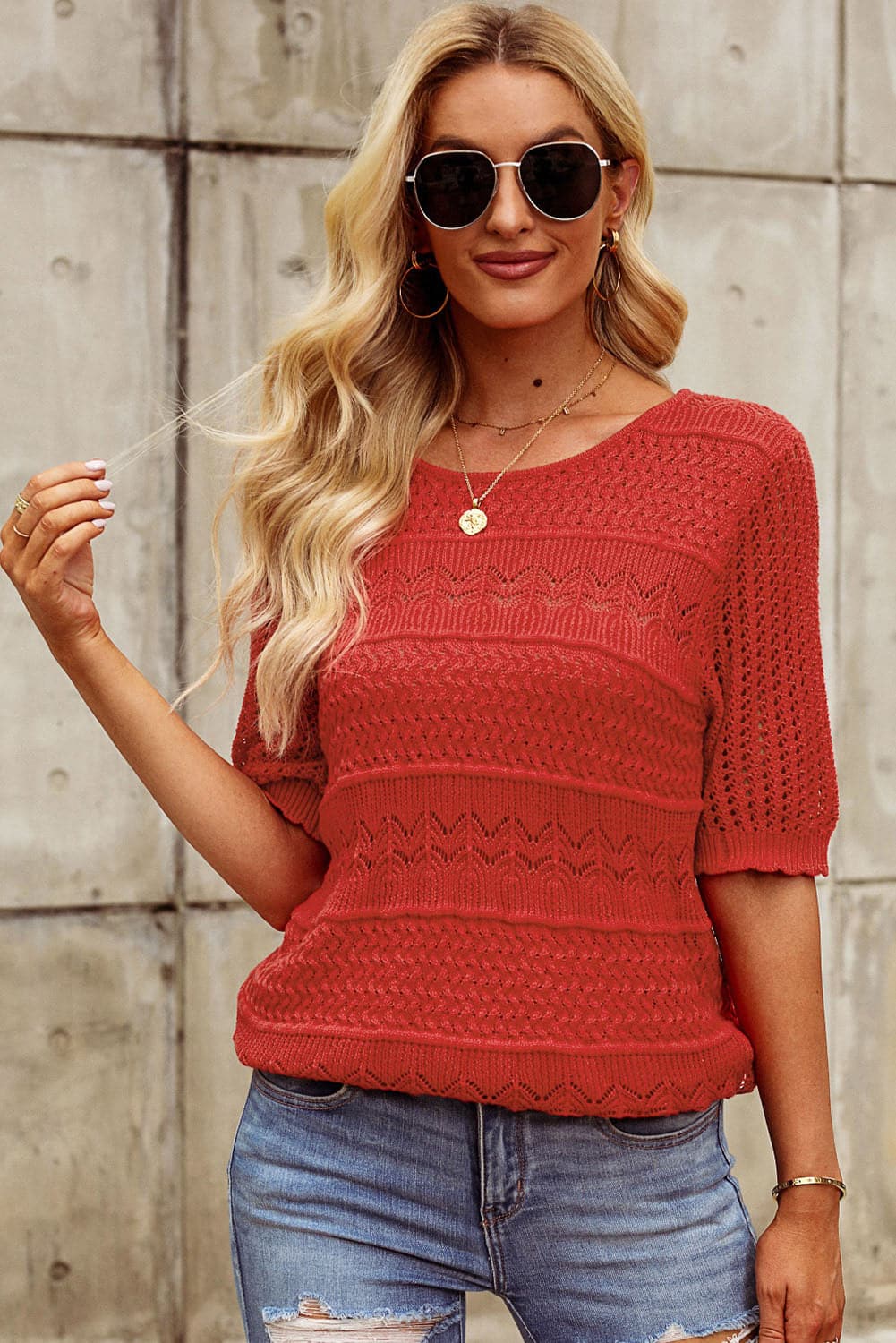 Openwork Round Neck Half Sleeve Knit Top.