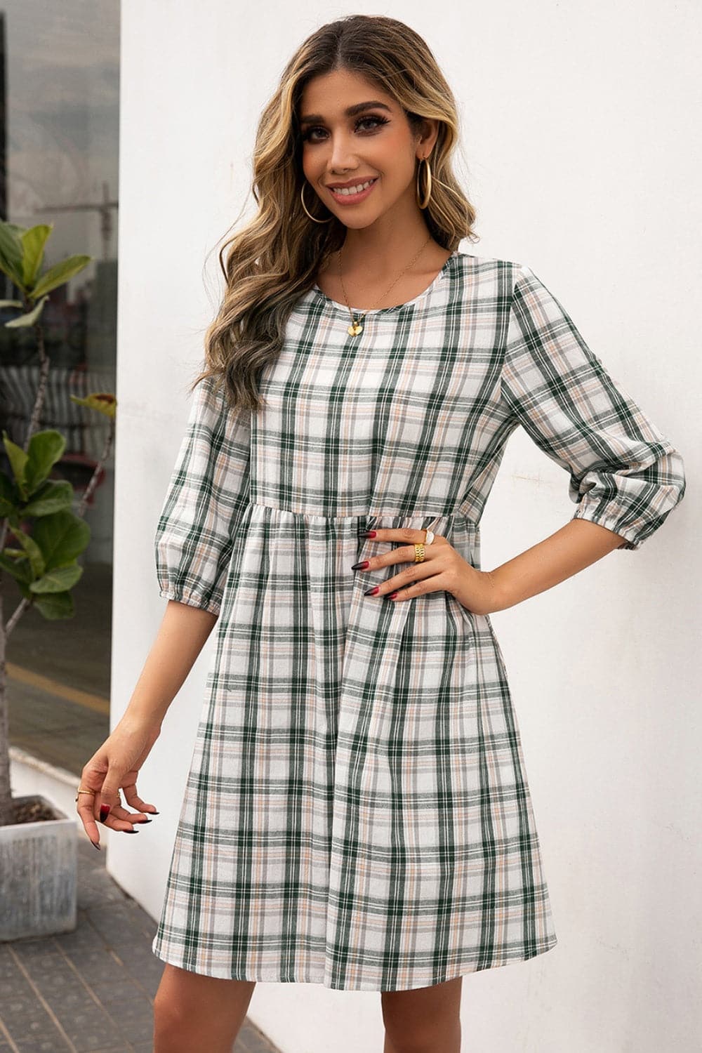 Plaid Round Neck Mini Dress.