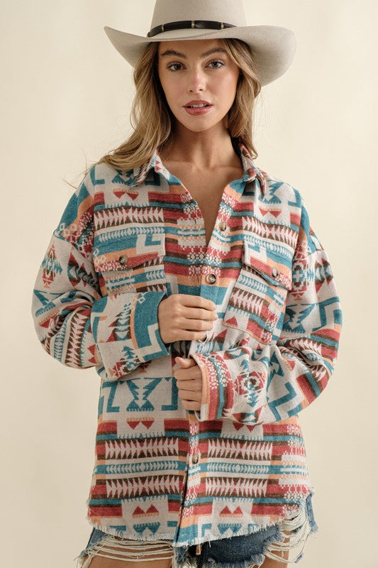 Boho Aztec Frayed Shacket