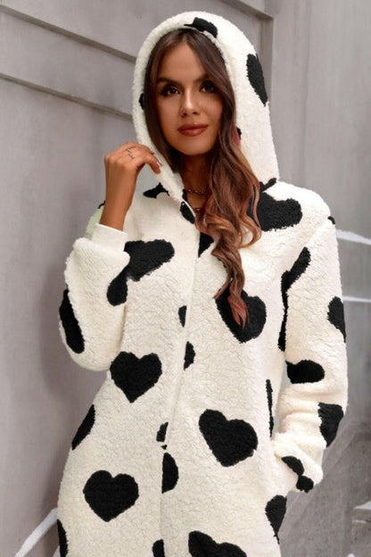 Fuzzy Heart Zip Up Hooded Lounge Jumpsuit.