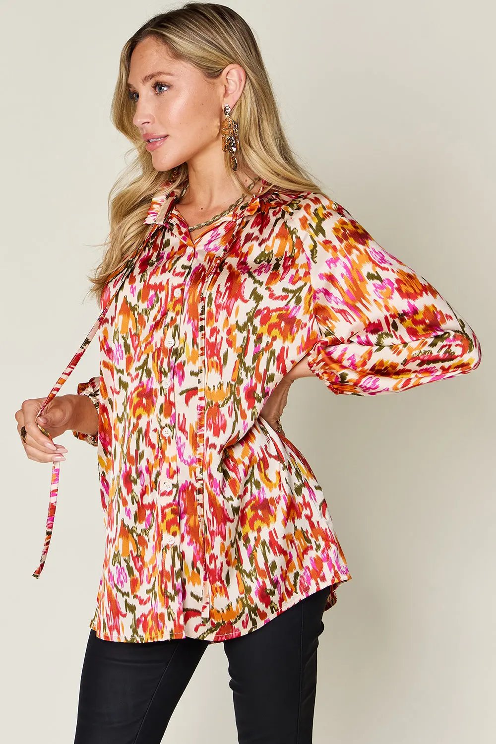 Double Take Full Size Printed Button Up Long Sleeve Shirt - Love Salve