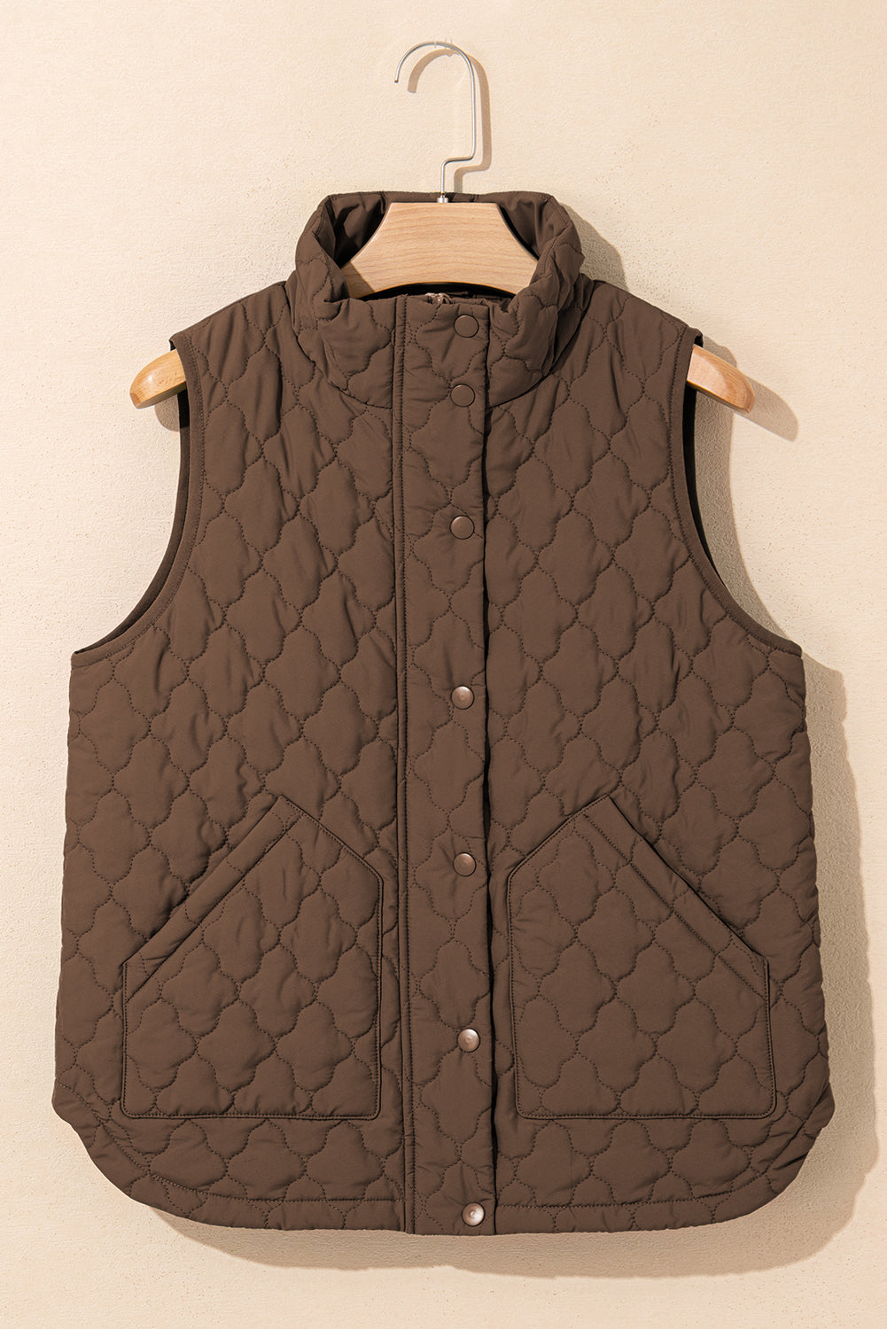 Dark Brown Flower Shape Quilted Zip Up Winter Vest With Snap Buttons Dear-Lover Dropshipping