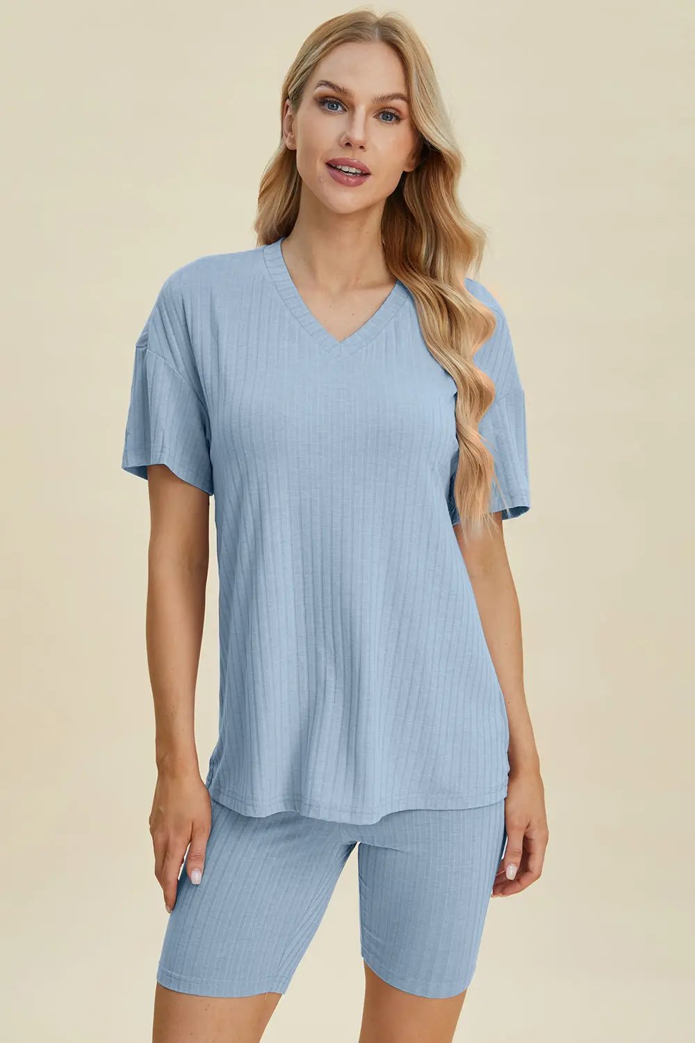 Basic Bae Full Size Ribbed V-Neck Short Sleeve Top and Shorts Set - Love Salve