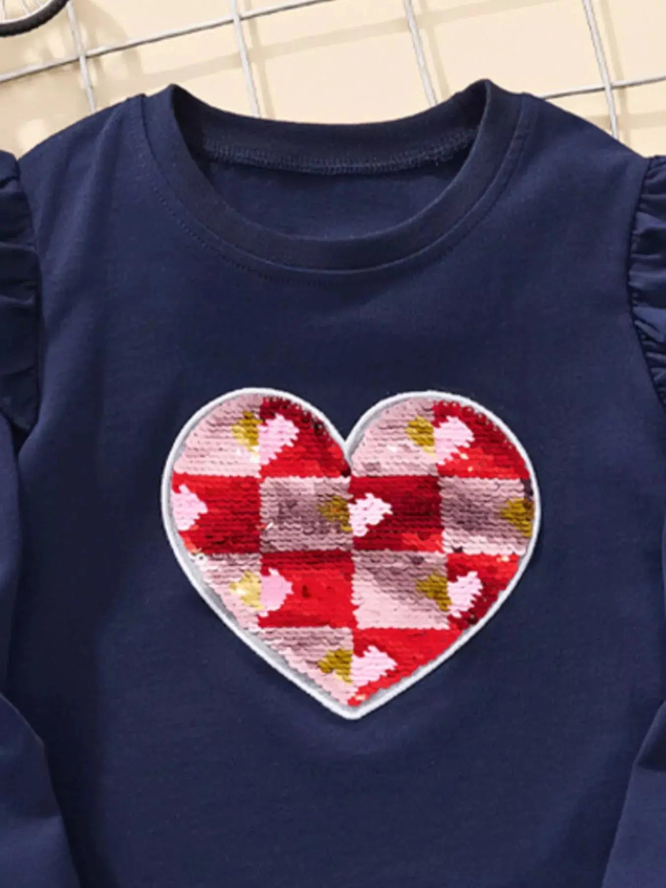 Children's Long Sleeve Heart Patch Ruffle Trim T-Shirt Simply Love