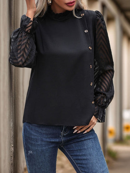 Mock Neck Flounce Sleeve Blouse.