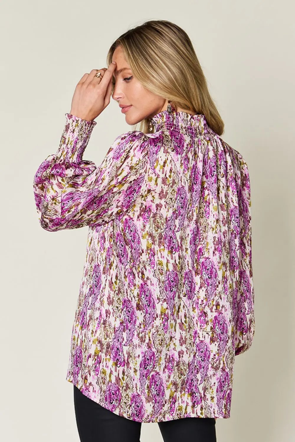 Double Take Full Size Printed Smocked Long Sleeve Blouse - Love Salve