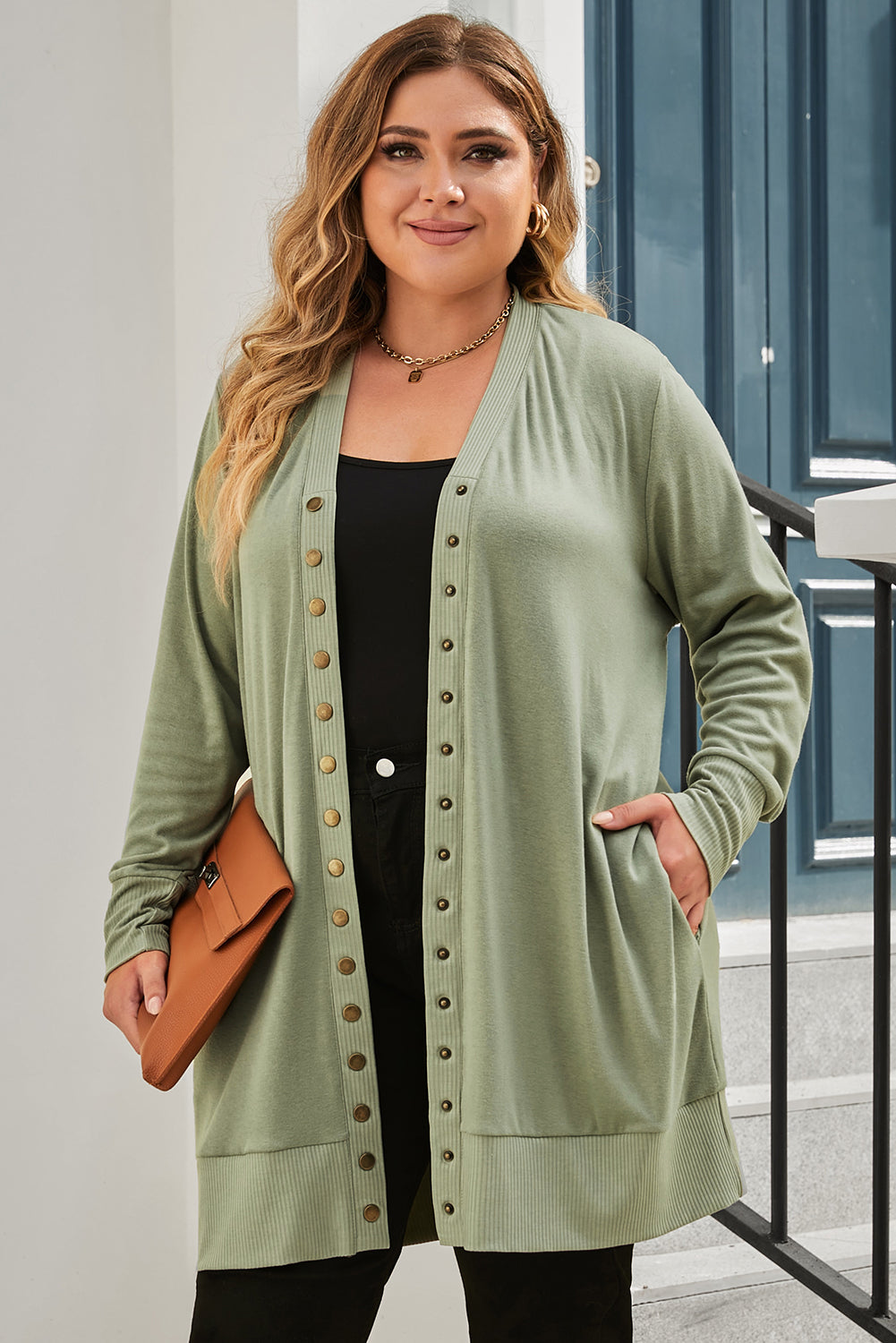 Chic green plus size snap-button knit cardigan for effortless style