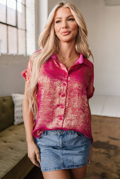 Rose Red Metallic Sheen Short Sleeve Buttoned Front Shirt