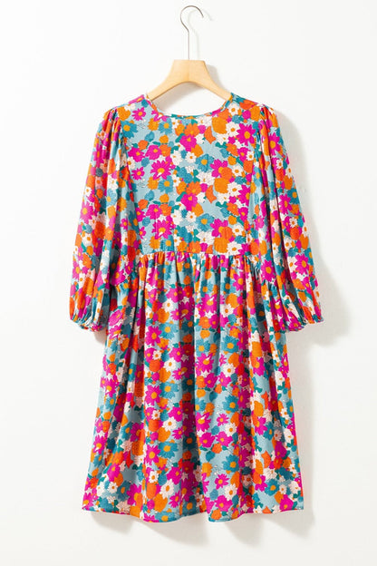 Floral Tie Neck Puff Sleeve Mini Dress.