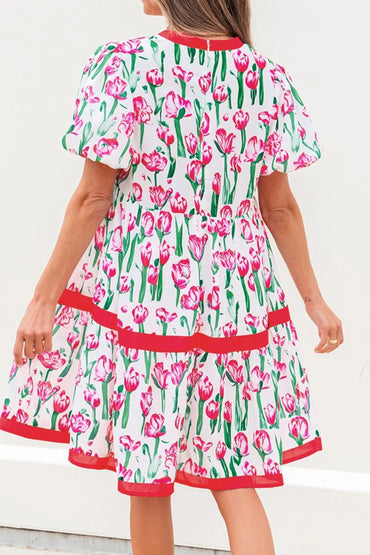 Floral Print Contrast Trim V Neck Bubble Short Sleeve Babydoll Dress