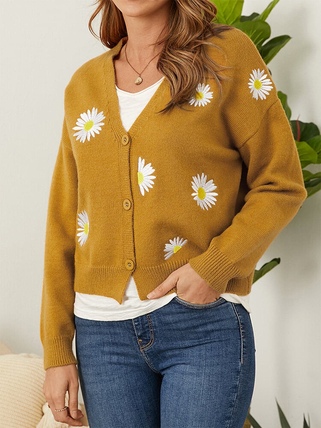 Flower Button Front Dropped Shoulder Cardigan.