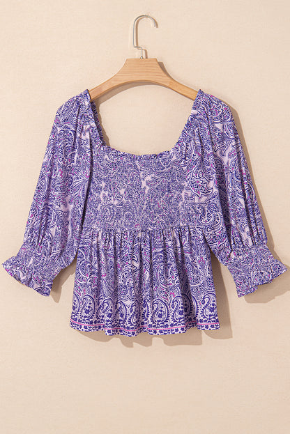 Purple Bohemian Paisley Print Shirred Peplum Blouse with Half Sleeves