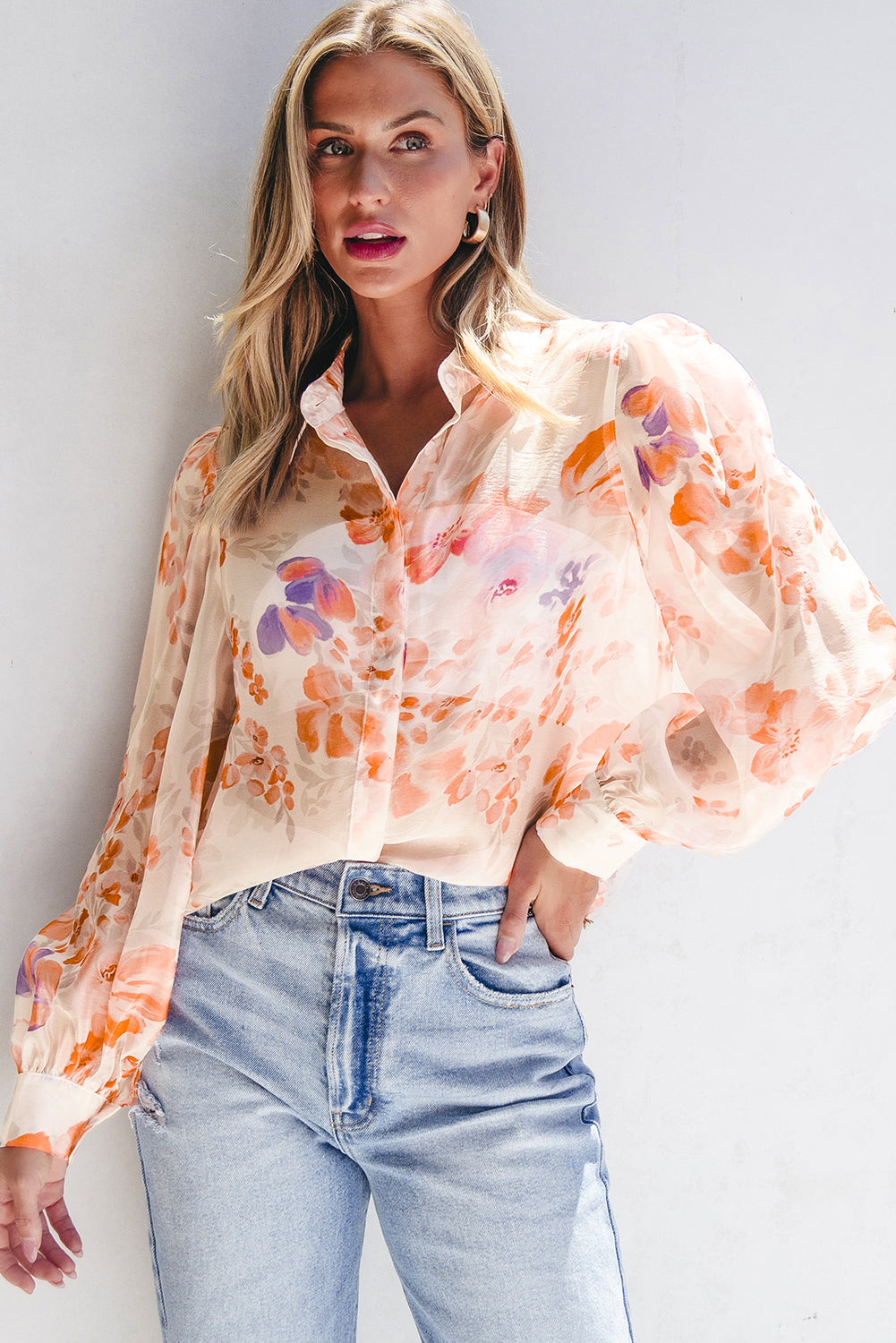 Floral balloon sleeve collared shirt