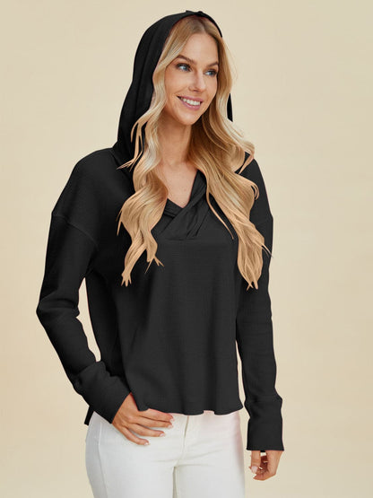 Double Take Full Size High-Low Dropped Shoulder Long Sleeve Hoodie.