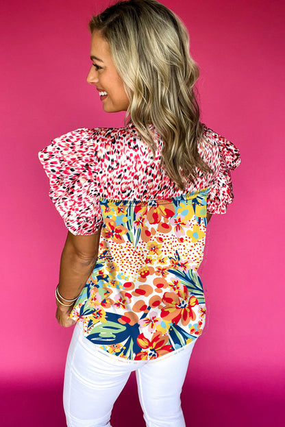 Red Floral Mixed Print Ruffle Cap Sleeve Blouse for Women
