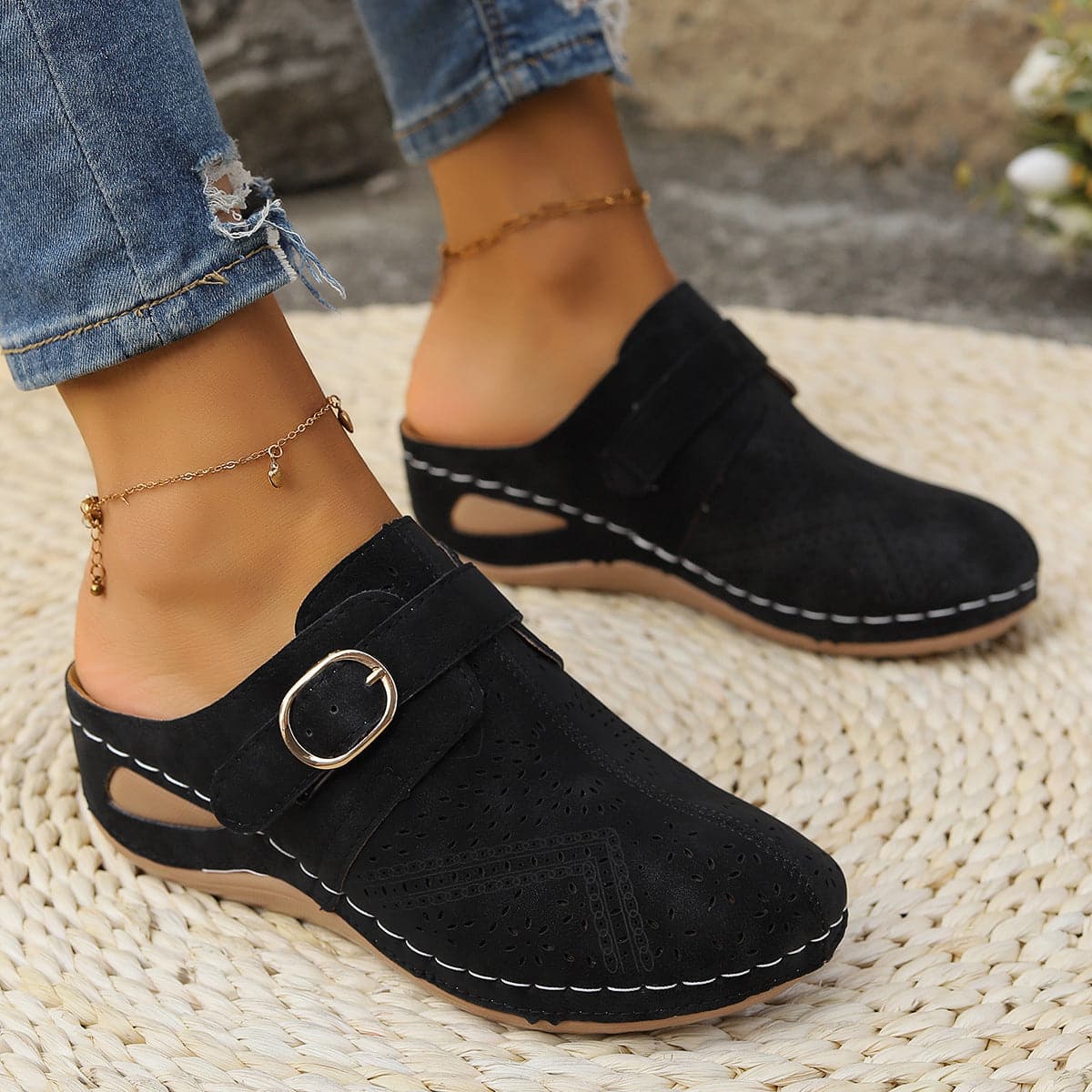 Suede Round Toe Wedge Sandals.