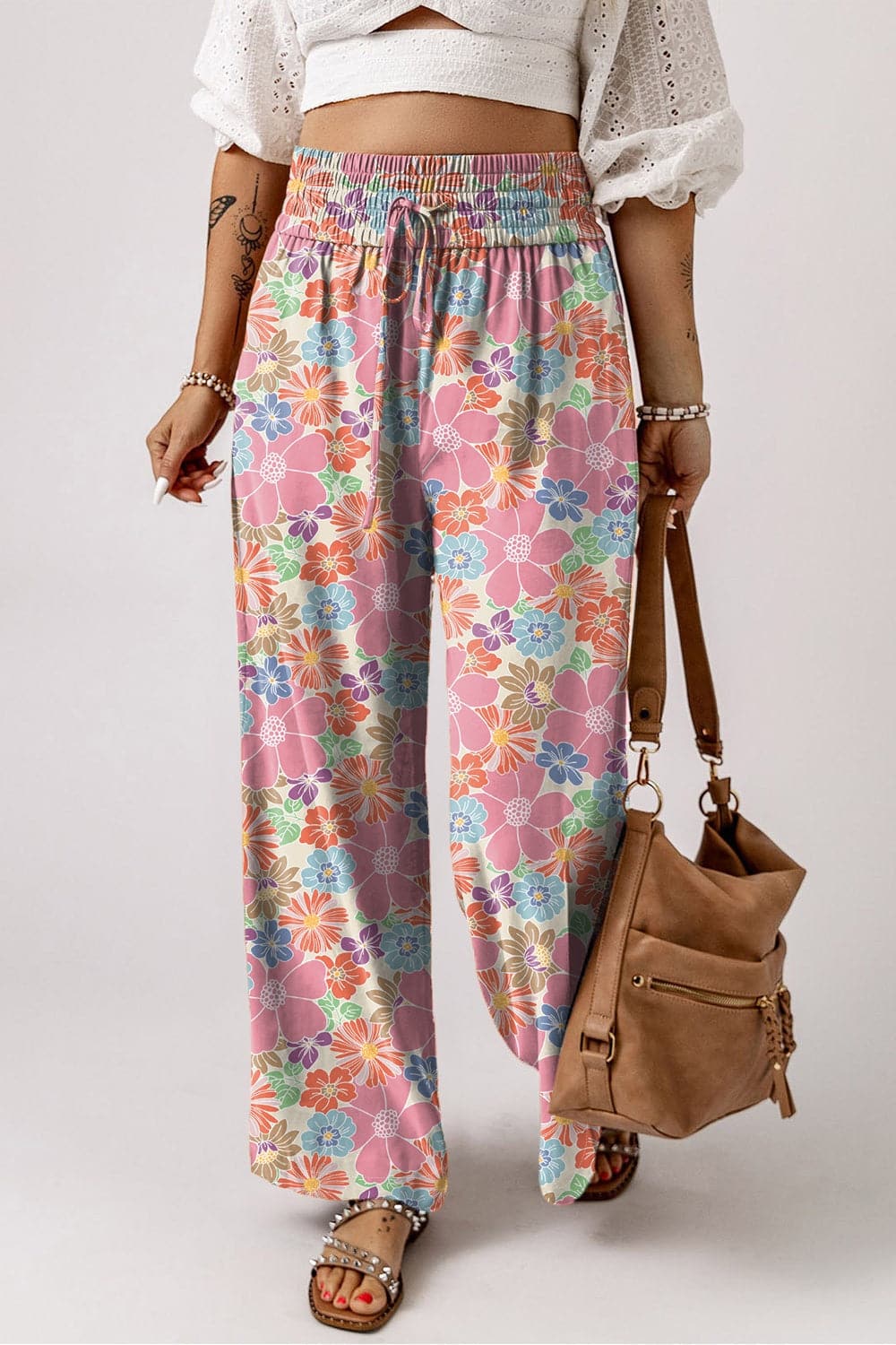 Drawstring Printed Wide Leg Pants.