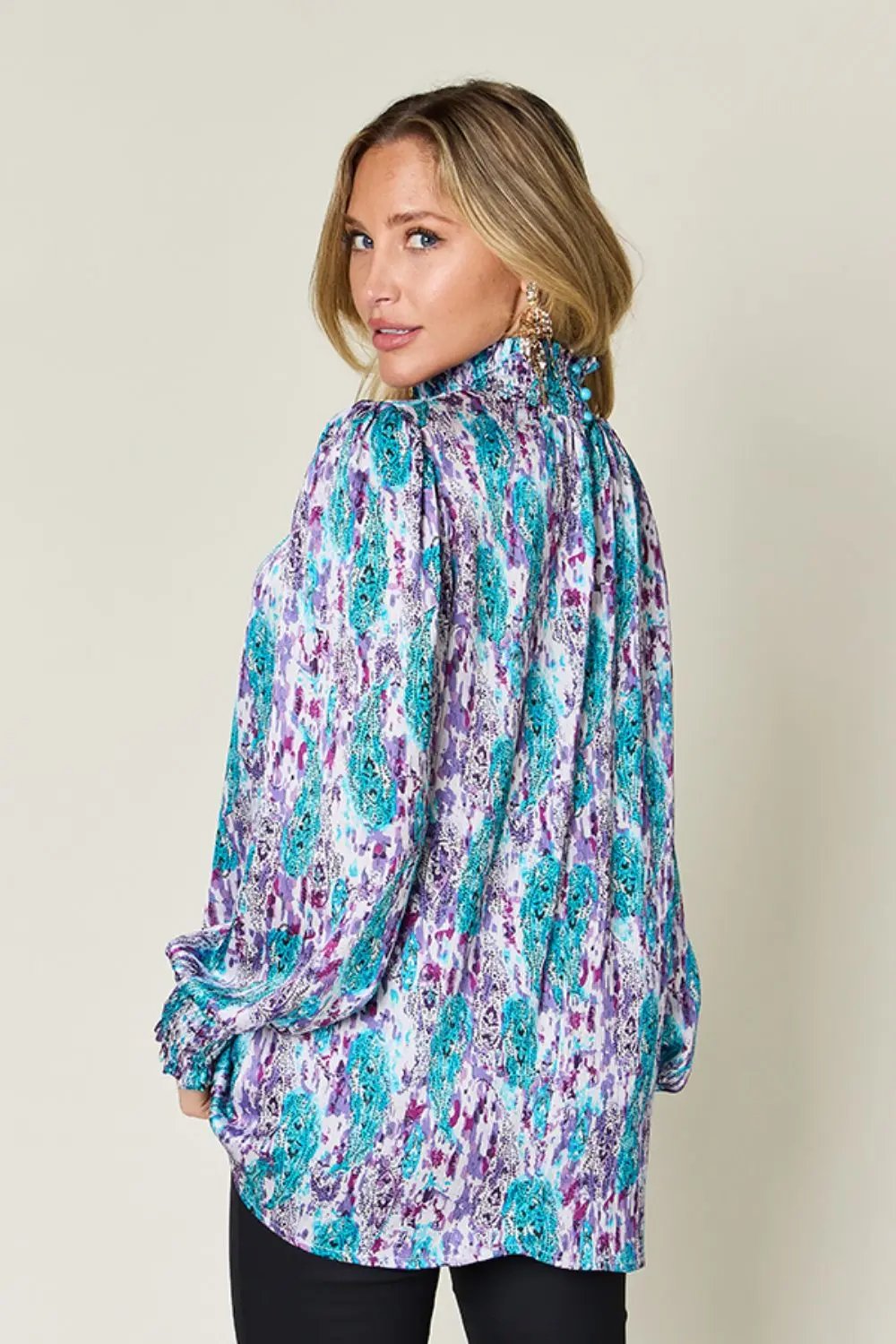 Double Take Full Size Printed Smocked Long Sleeve Blouse - Love Salve