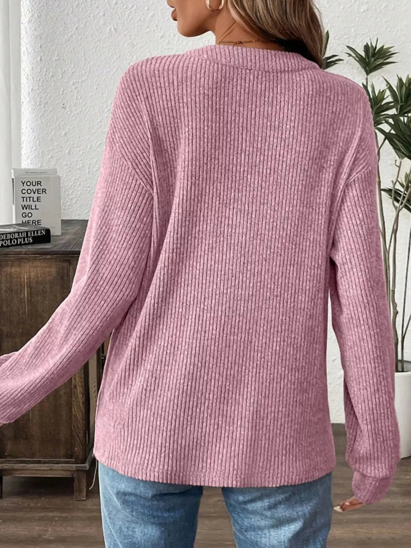 Ribbed Texture Drop Shoulder Henley Top Simply Love