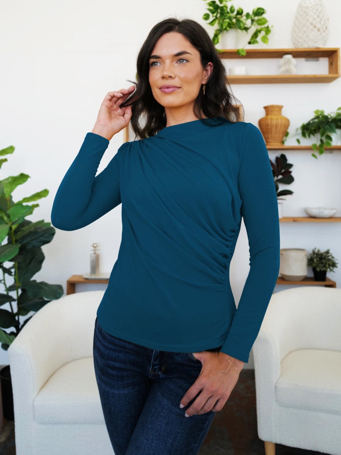 Ruched long sleeve mock neck tee