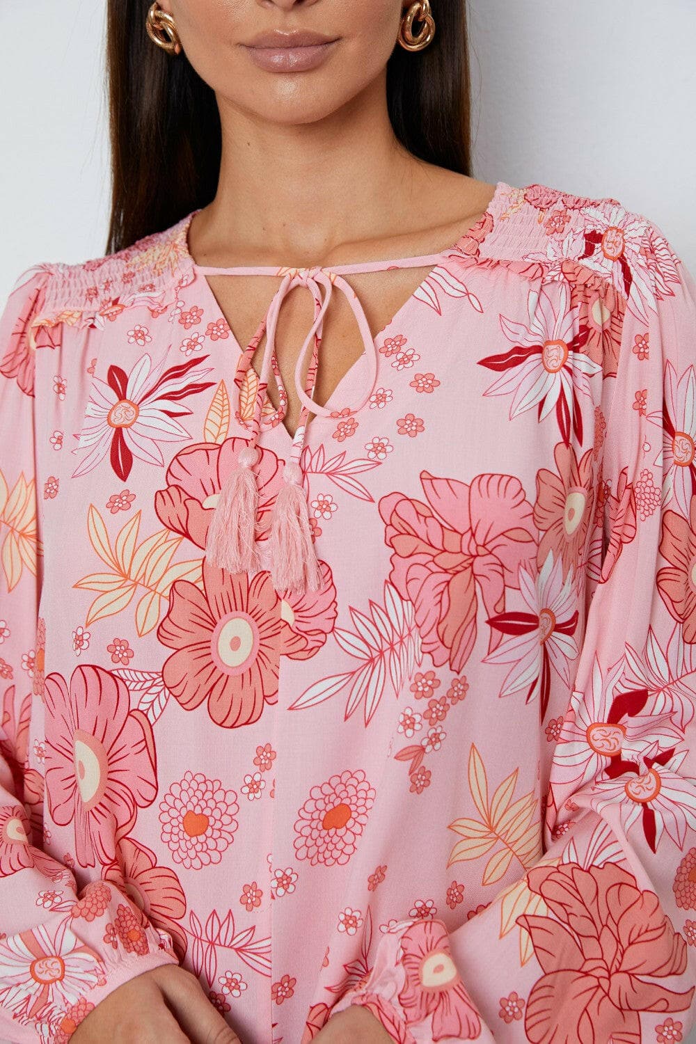 Floral Smocked Tassel Tie Balloon Sleeve Blouse.