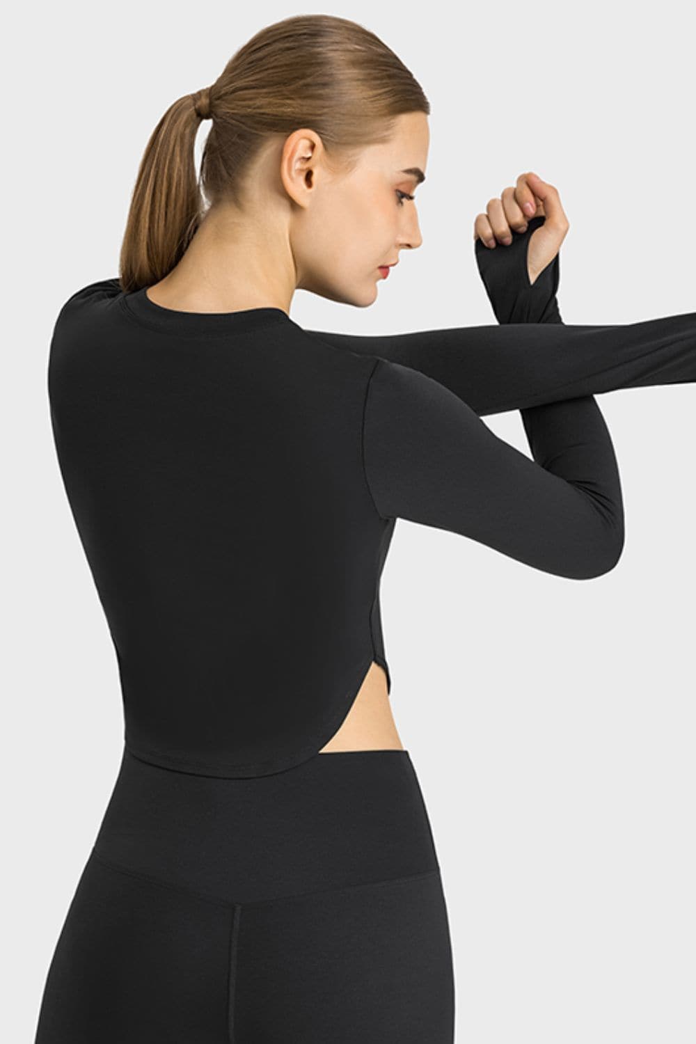 Side Slit Long Sleeve Round Neck Crop Top.