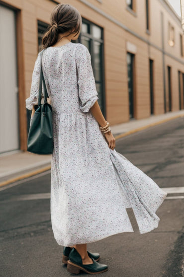 Slit Printed Tie Neck Long Sleeve Dress.