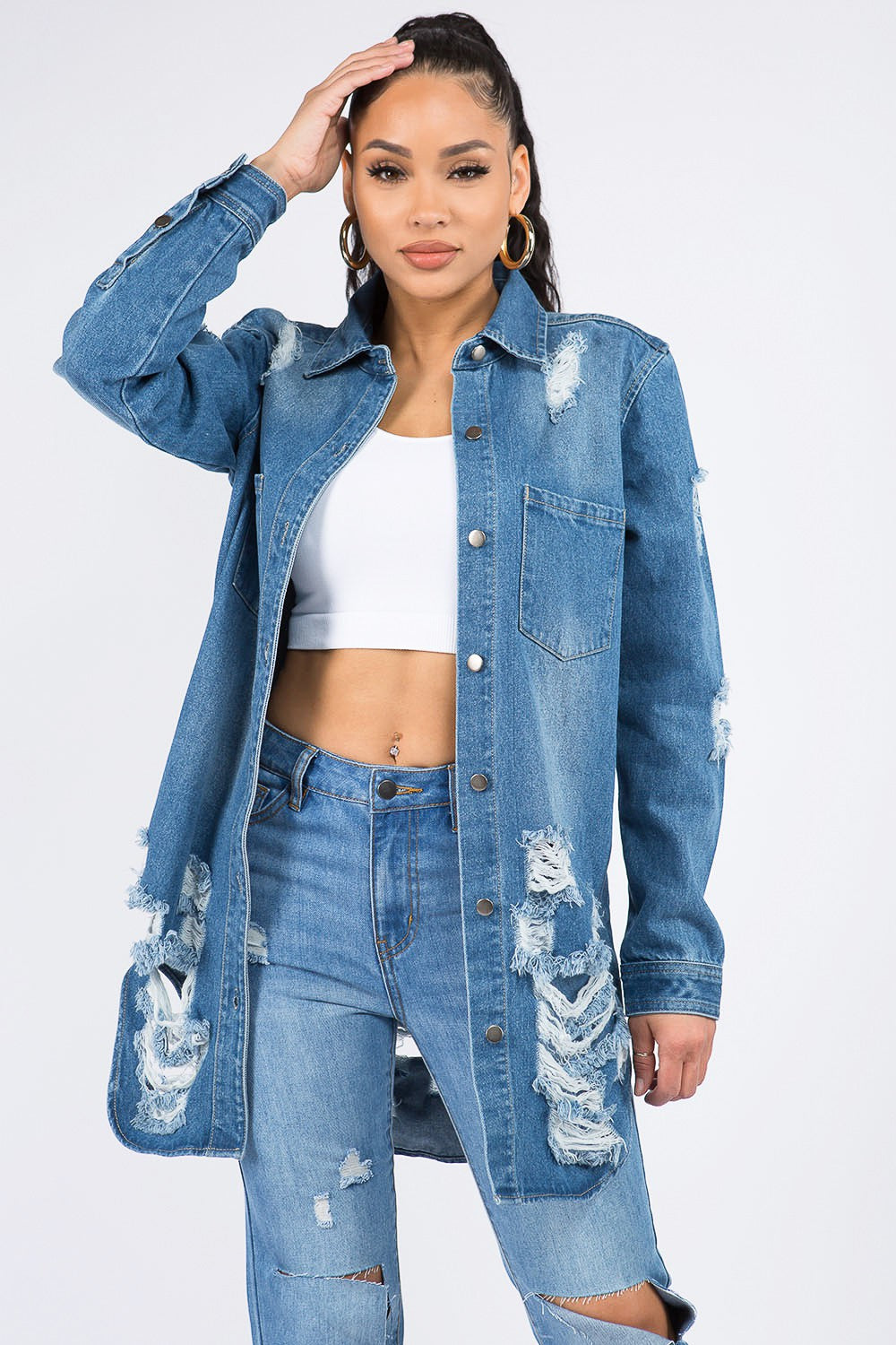 American Bazi Distressed Button Down Denim Shirt Jacket Coco’s Tee Boutique