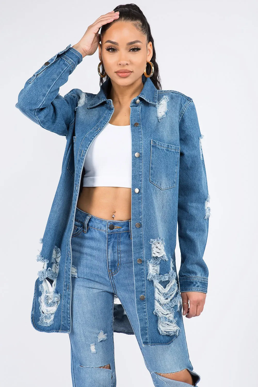 American Bazi Distressed Button Down Denim Shirt Jacket - Love Salve 