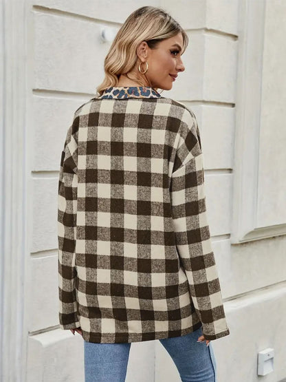 Plaid Long Sleeve Shirt with Leopard Trim Collar