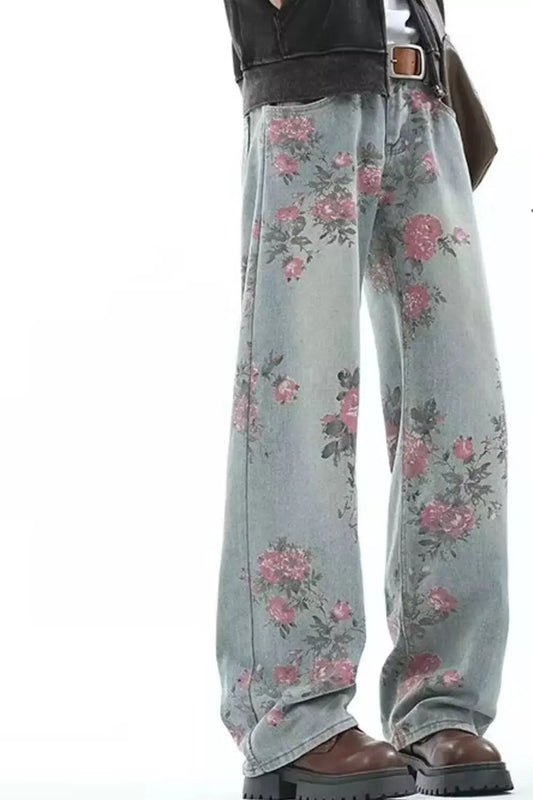 Men's Full Size Floral Print Wide Leg Jeans Plus Size Simply Love