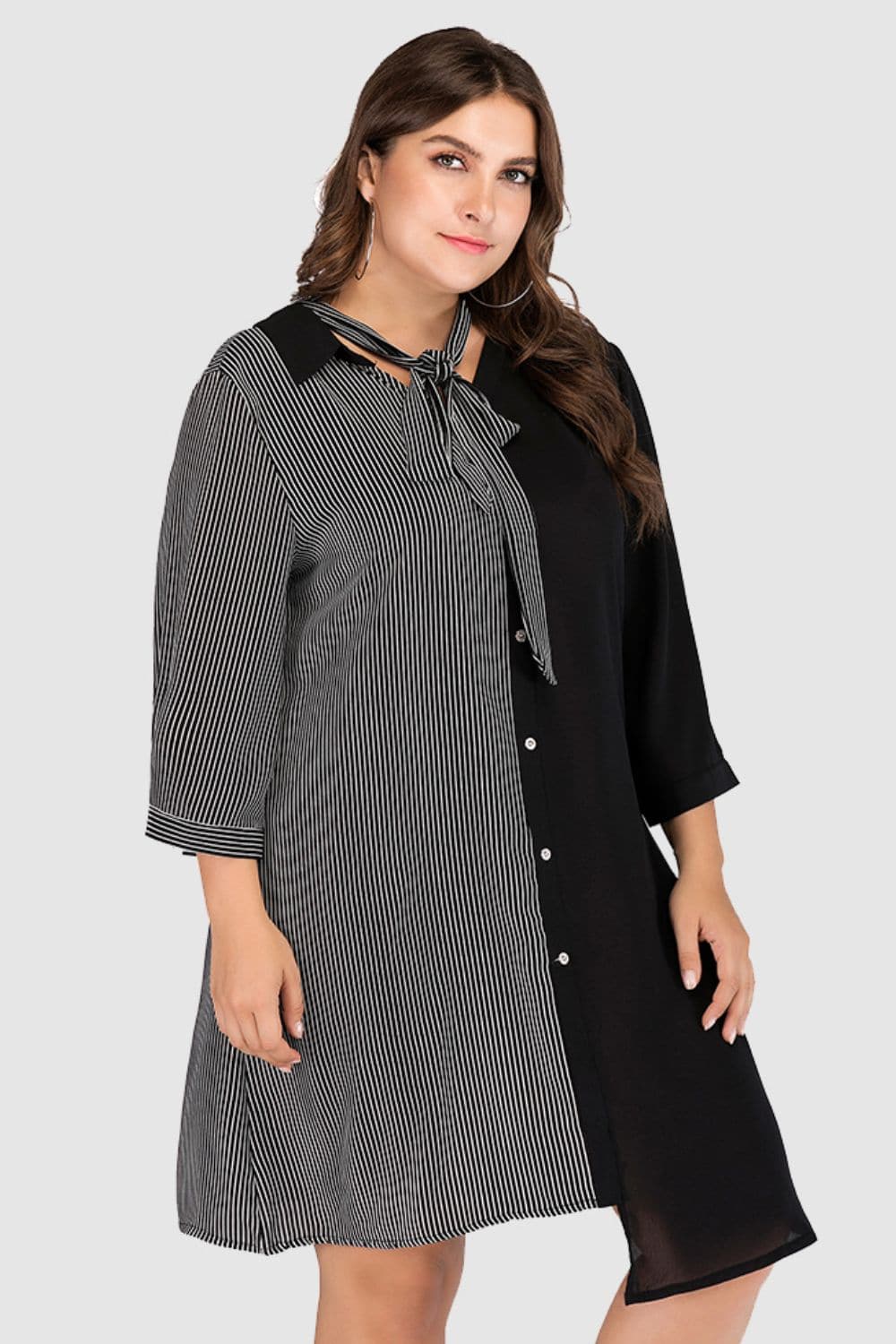 Plus Size Striped Color Block Tie-Neck Dress.