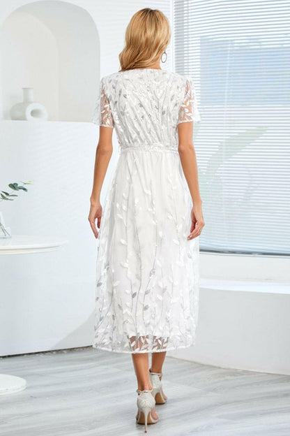 Sequin Leaf Embroidery Tie Front Short Sleeve Dress.